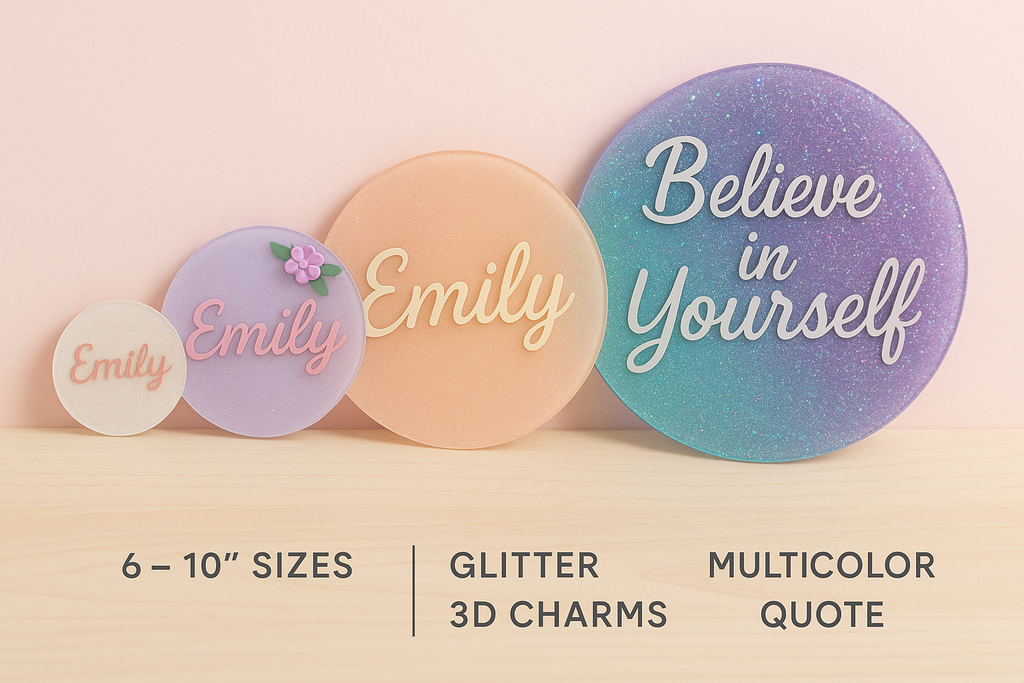 Custom Round Name Plaque – Personalized with Name, Quote, Glitter & 3D Charms