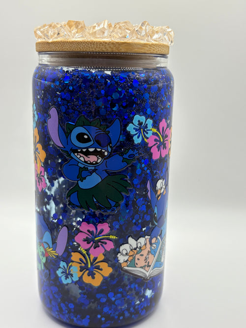 Blue Glitter Stitch Jar (Hibiscus & Elvis Design)