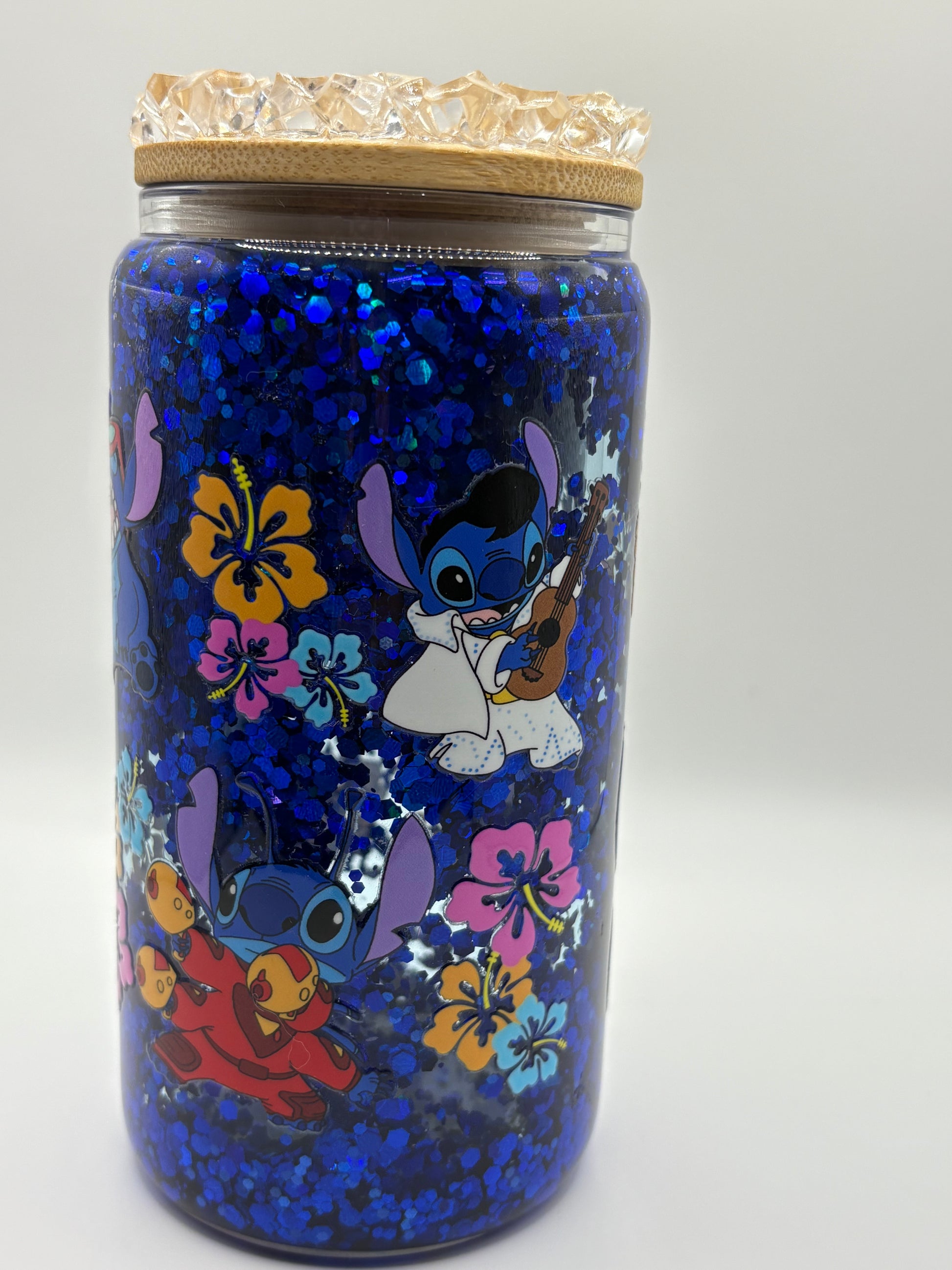Blue Glitter Stitch Jar (Hibiscus & Elvis Design)